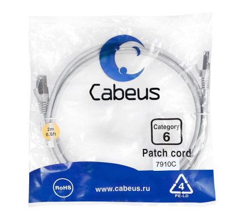 Патч-корд F/UTP кат.6 2xRJ45/8p8c экранир. LSZH 2м сер. Cabeus 7910c