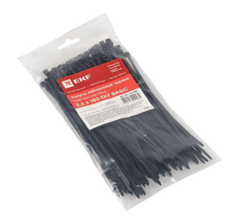Хомут кабельный 3.6х180 нейл. черн. (уп.100шт) EKF plc-cb-3.6x180