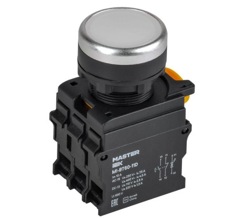 Кнопка d22мм 1НО+1НЗ MASTER с подсветкой бел. IEK MI-BT60-11D-3-12-K01