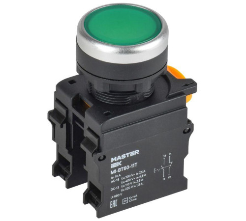 Кнопка d22мм 1НО+1НЗ MASTER с фиксацией зел. IEK MI-BT60-11T-3-21-K06