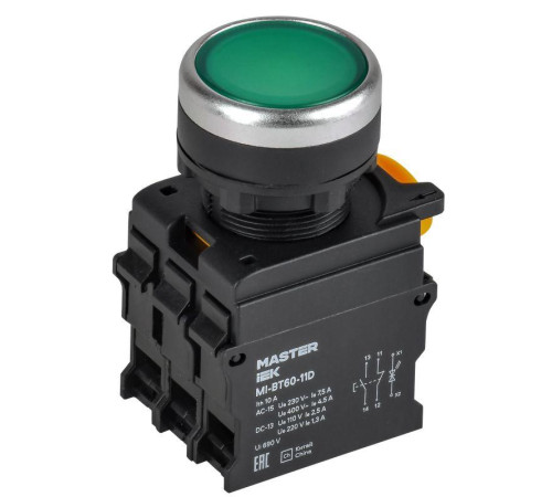 Кнопка d22мм 1НО+1НЗ MASTER с подсветкой зел. IEK MI-BT60-11D-3-12-K06