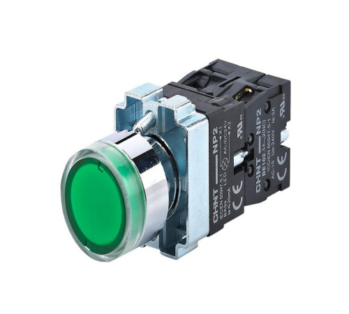 Кнопка управления NP2-BW3365 плоская 1НО+1НЗ AC/DC230В (LED) IP40 (R) зел. CHINT 574365