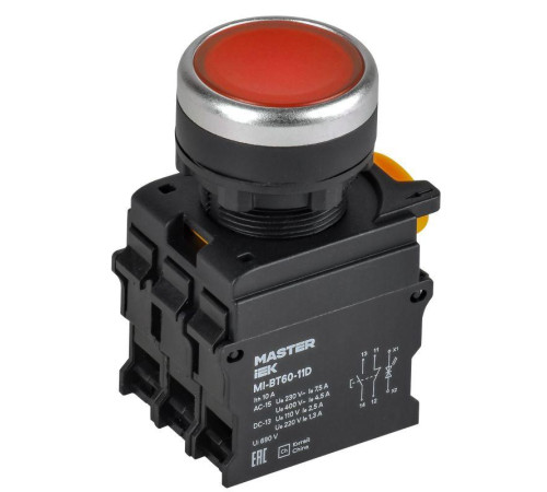 Кнопка d22мм 1НО+1НЗ MASTER с подсветкой красн. IEK MI-BT60-11D-3-12-K04