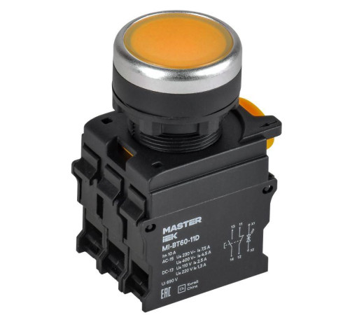 Кнопка d22мм 1НО+1НЗ MASTER с подсветкой желт. IEK MI-BT60-11D-3-12-K05