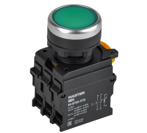 Кнопка d22мм 1НО+1НЗ MASTER с подсветкой и фиксацией зел. IEK MI-BT60-11TD-3-11-K06