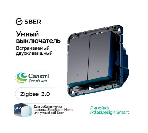 Выключатель 2-кл. AtlasDesign Smart 10А (сх. 5) L+N с подсветкой Zigbee механизм карбон SE ATN001053Z