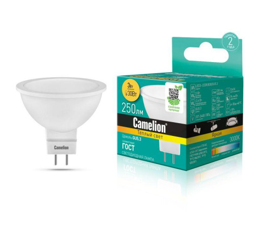 Лампа светодиодная LED3-JCDR/830/GU5.3 3Вт 3000К тепл. бел. GU5.3 215лм 220-240В Camelion 11367