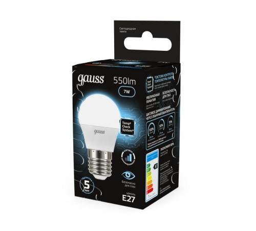 Лампа светодиодная Black 7Вт P45 шар 4100К нейтр. бел. E27 550лм шаг. диммир. GAUSS 105102207-S