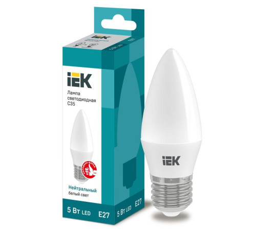 Лампа светодиодная Eco 5Вт C35 свеча 4000К нейтр. бел. E27 450лм 230-240В IEK LLE-C35-5-230-40-E27 Лампа светодиодная Eco 5Вт C35 свеча 4000К нейтр. бел. E27 450лм 230-240В IEK LLE-C35-5-230-40-E27