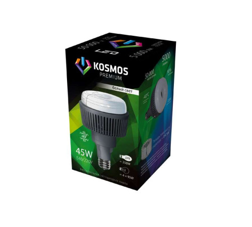 Лампа светодиодная KOSMOS premium 45Вт E40 230В 4500К 5000Лм (переходник с E40 на E27 в комплекте) Космос KHWLED45WE4045