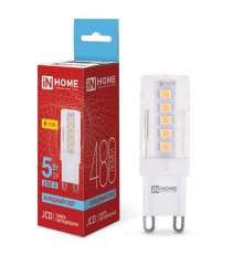 Лампа светодиодная LED-JCD 5Вт капсульная прозрачная 6500К холод. бел. G9 480лм 230В IN HOME 4690612036342