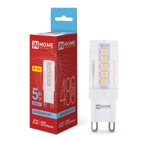 Лампа светодиодная LED-JCD 5Вт капсульная прозрачная 6500К холод. бел. G9 480лм 230В IN HOME 4690612036342