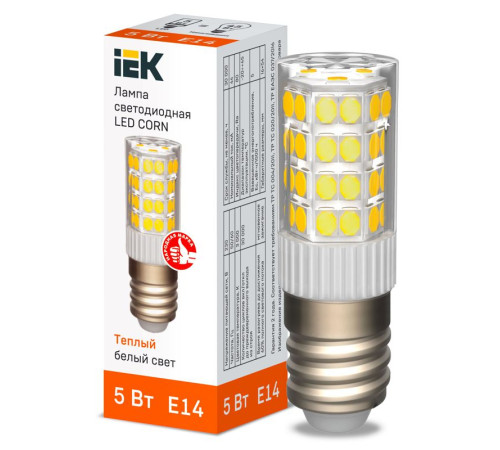 Лампа светодиодная CORN 5Вт капсула 3000К E14 230В керамика IEK LLE-CORN-5-230-30-E14
