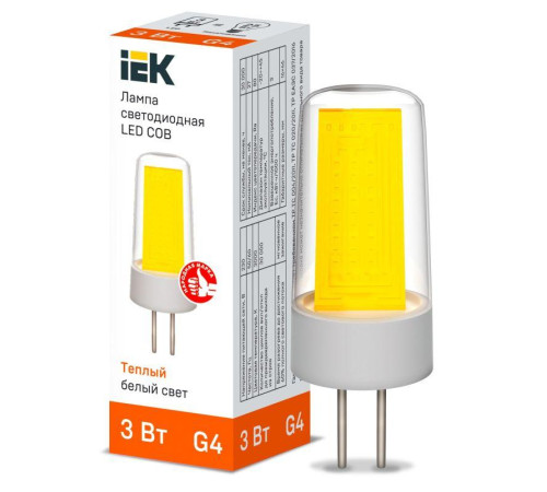 Лампа светодиодная COB 3Вт капсула 3000К G4 230В керамика IEK LLE-COB-3-230-30-G4 Лампа светодиодная COB 3Вт капсула 3000К G4 230В керамика IEK LLE-COB-3-230-30-G4