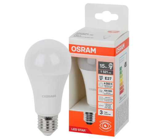 Лампа светодиодная LED Star 15Вт 4000К нейтр. бел. E27 1521лм A угол пучка 180град. 170-250В (замена 150Вт) матов. пластик OSRAM 4058075695412