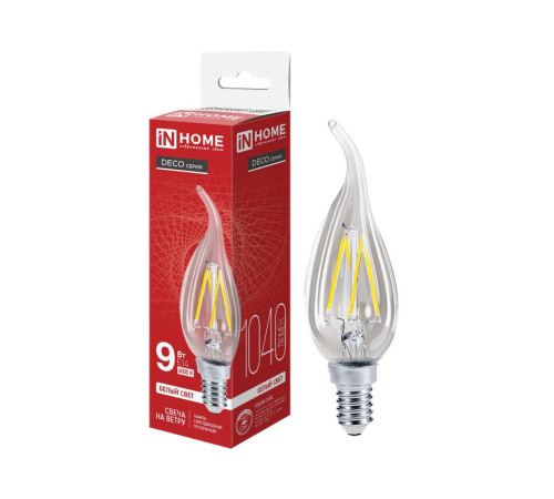 Лампа светодиодная LED-СВЕЧА НА ВЕТРУ-deco 9Вт свеча на ветру прозрачная 4000К нейтр. бел. E14 1040лм 230В IN HOME 4690612026244