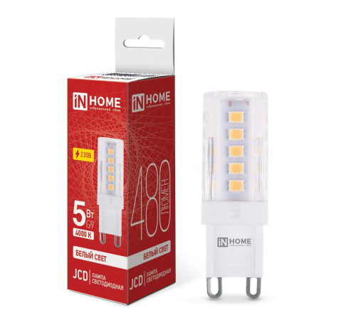 Лампа светодиодная LED-JCD 5Вт капсульная прозрачная 4000К нейтр. бел. G9 480лм 230В IN HOME 4690612036328
