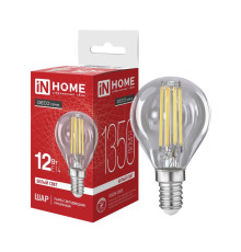 Лампа светодиодная LED-ШАР-deco 12Вт шар прозрачная 4000К E14 1350лм 230В IN HOME 4690612063348