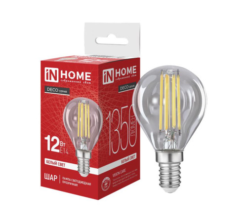Лампа светодиодная LED-ШАР-deco 12Вт шар прозрачная 4000К E14 1350лм 230В IN HOME 4690612063348