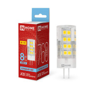 Лампа светодиодная LED-JCD 8Вт капсульная прозрачная 6500К холод. бел. G4 760лм 230В IN HOME 4690612036229