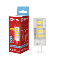 Лампа светодиодная LED-JCD 8Вт капсульная прозрачная 6500К холод. бел. G4 760лм 230В IN HOME 4690612036229