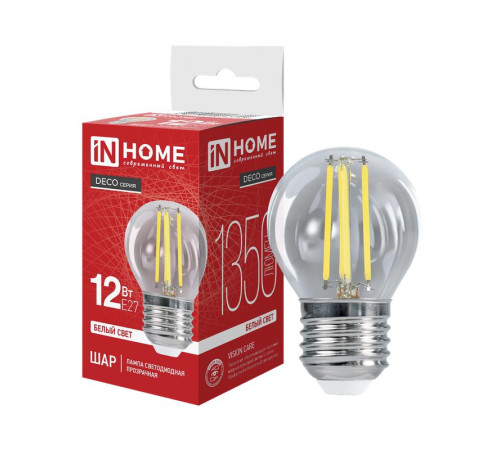 Лампа светодиодная LED-ШАР-deco 12Вт 230В E27 4000К 1350лм прозрачная IN HOME 4690612053691