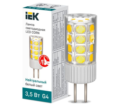 Лампа светодиодная Corn 3.5Вт капсульная 4000К нейтр. бел. G4 230В керамика IEK LLE-Corn-4-230-40-G4 Лампа светодиодная Corn 3.5Вт капсульная 4000К нейтр. бел. G4 230В керамика IEK LLE-Corn-4-230-40-G4