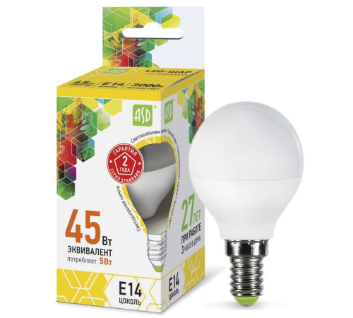 Лампа светодиодная LED-шар-standard 5Вт шар 3000К тепл. бел. E14 450лм 160-260В ASD 4690612002125