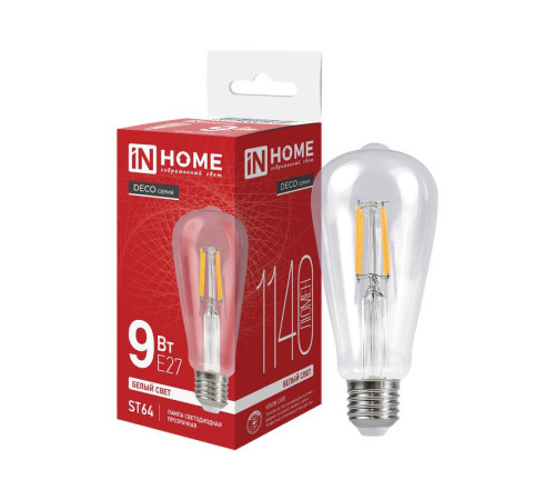 Лампа светодиодная филаментная LED-ST64-deco 9Вт прозрачная 4000К нейтр. бел. E27 1140лм 230В IN HOME 4690612050829