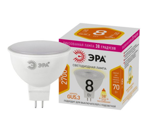 Лампа светодиодная STD LED Lense MR16-8W-827-GU5.3 8Вт MR16 софит 2700К тепл. бел. GU5.3 650лм 170-265В линзованная Эра Б0054938