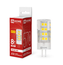 Лампа светодиодная LED-JCD 8Вт капсульная прозрачная 4000К нейтр. бел. G4 760лм 230В IN HOME 4690612036205