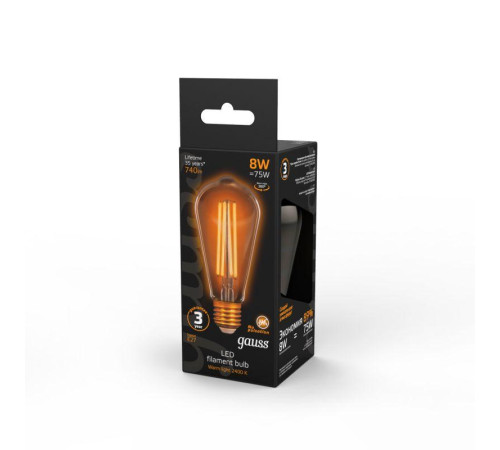 Лампа светодиодная филаментная Black Filament 8Вт ST64 золотая 2400К тепл. бел. E27 740лм GAUSS 157802008