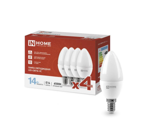 Лампа светодиодная LED-СВЕЧА-VC 4PACK 14Вт свеча 6500К холод. бел. E14 1330лм 230В (уп.4шт) IN HOME 4690612052335
