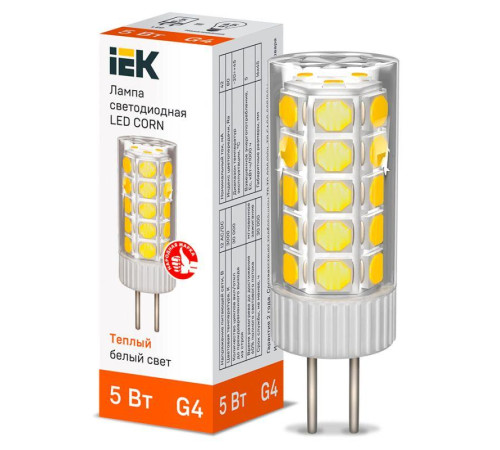 Лампа светодиодная CORN 5Вт капсула 3000К G4 12В керамика IEK LLE-CORN-5-012-30-G4 Лампа светодиодная CORN 5Вт капсула 3000К G4 12В керамика IEK LLE-CORN-5-012-30-G4