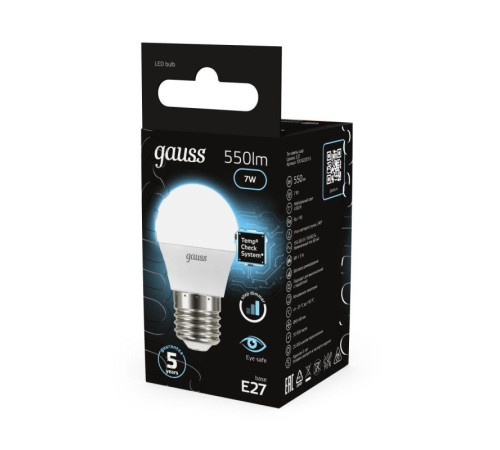 Лампа светодиодная Black 7Вт P45 шар 4100К нейтр. бел. E27 550лм шаг. диммир. GAUSS 105102207-S