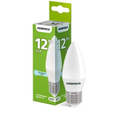 Лампа светодиодная C35 12Вт свеча 6500К E27 230В GENERICA LL-C35-12-230-65-E27-G
