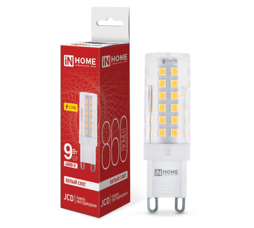 Лампа светодиодная LED-JCD 9Вт капсульная прозрачная 4000К нейтр. бел. G9 860лм 230В IN HOME 4690612036380