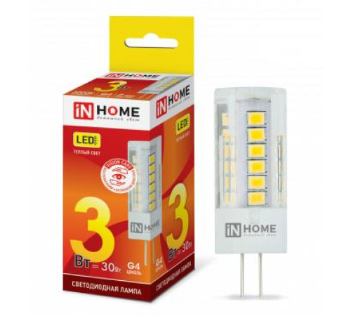 Лампа светодиодная LED-JC-VC 3Вт капсульная прозрачная 3000К тепл. бел. G4 260лм 12В IN HOME 4690612019789