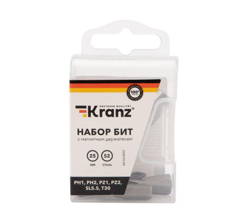 Набор бит 25мм PH1 PH2 PZ1 PZ2 SL5.5 T30 с магнитным держателем 7 предметов Kranz KR-92-0433