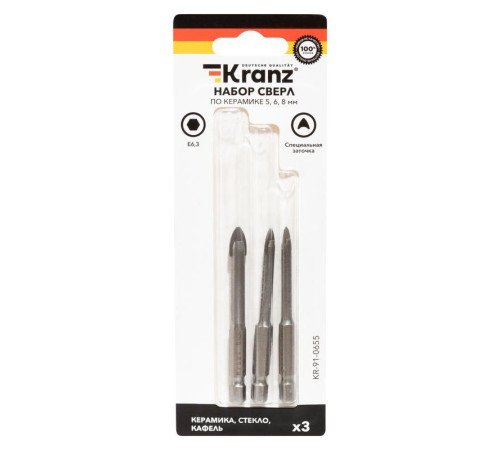 Набор сверл по керамической плитке 5-6-8мм шестигранный хвостовик Kranz KR-91-0655