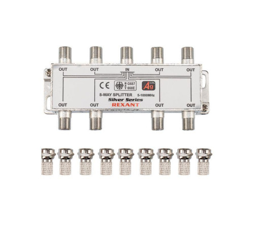 Делитель ТВх8 + 9шт F 5-1000 МГц (Silver) box(уп.5шт) Rexant 05-6105
