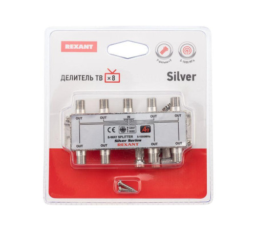 Делитель ТВх8 + 9шт F 5-1000 МГц (Silver) box(уп.5шт) Rexant 05-6105