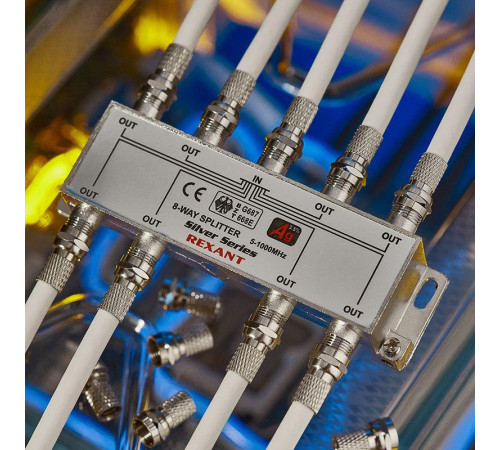 Делитель ТВх8 + 9шт F 5-1000 МГц (Silver) box(уп.5шт) Rexant 05-6105