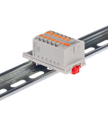 Блок распределительный с вертикал. адаптером на рейки шир. 15/35мм зажим push-in 1 ввод 6кв.мм 12 точек подключения 2.5кв.мм красн. DKC DTP1-112-104SPUR-V