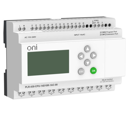 Модуль ЦПУ ПЛК 430 14 DI 10 RO 220В AC с экраном ONI PLR-430-CPU-14D10R-1AC-00