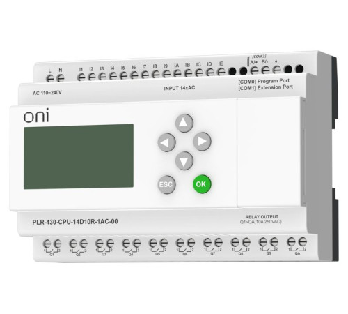 Модуль ЦПУ ПЛК 430 14 DI 10 RO 220В AC с экраном ONI PLR-430-CPU-14D10R-1AC-00