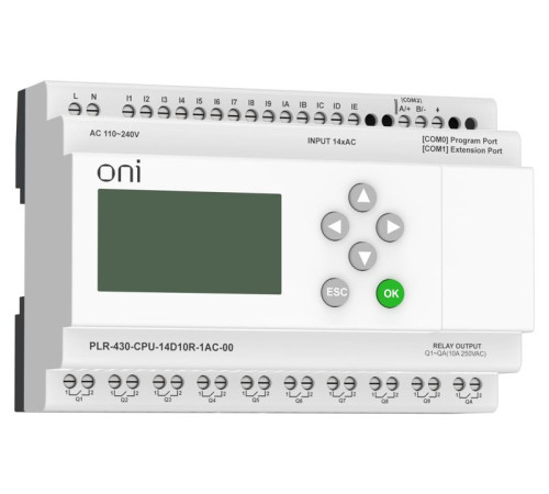 Модуль ЦПУ ПЛК 430 14 DI 10 RO 220В AC с экраном ONI PLR-430-CPU-14D10R-1AC-00
