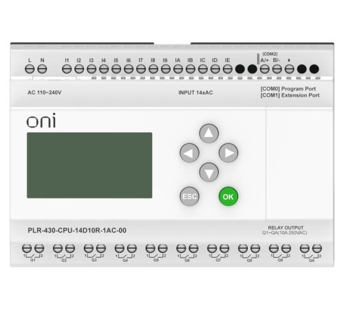 Модуль ЦПУ ПЛК 430 14 DI 10 RO 220В AC с экраном ONI PLR-430-CPU-14D10R-1AC-00