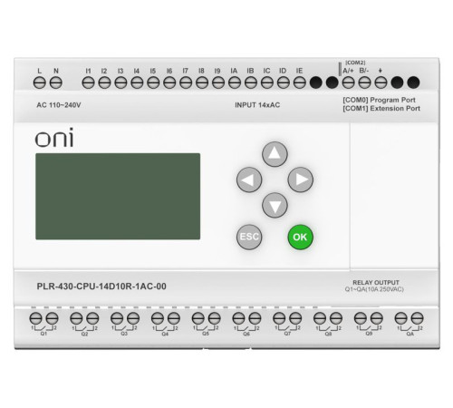 Модуль ЦПУ ПЛК 430 14 DI 10 RO 220В AC с экраном ONI PLR-430-CPU-14D10R-1AC-00
