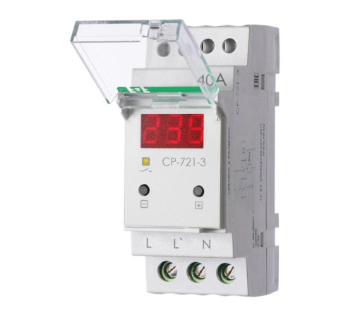 Реле напряжения CP-721-3 контроль напряжения: нижн. порог 140-210В верхн. порог 240-300В цифров. индикация напряжения 2мод. монтаж на DIN-рейку возможность пломбировки панели управления F&F EA04.009.021